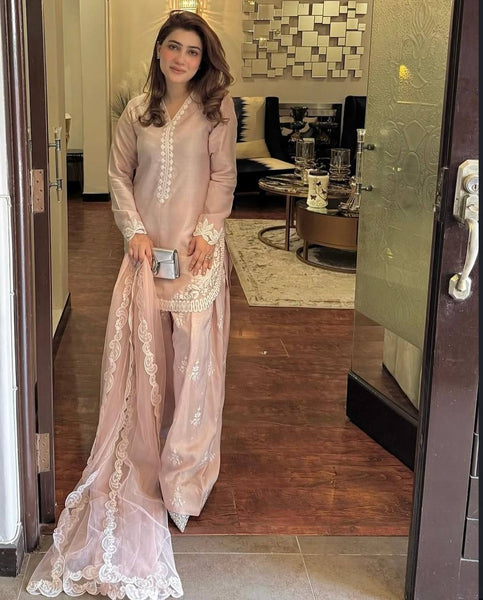 Lavish Pink Embroidered Farshi Salwar Suit with Tissue Silk Dupatta