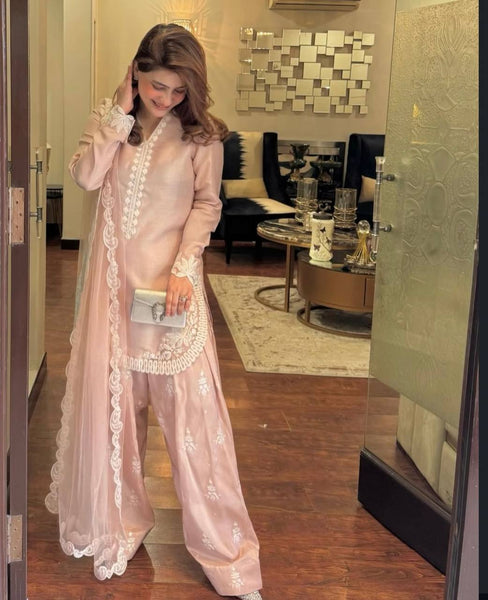Lavish Pink Embroidered Farshi Salwar Suit with Tissue Silk Dupatta