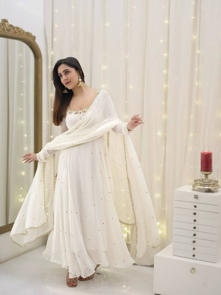 Graceful White Georgette Anarkali Suit with Dupatta – Elegant Festive Wear