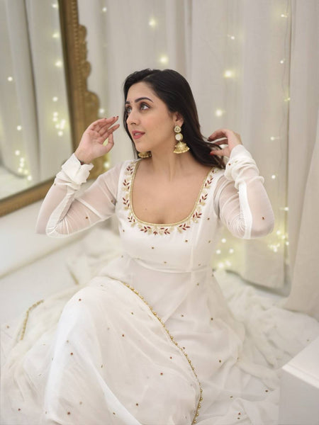 Graceful White Georgette Anarkali Suit with Dupatta – Elegant Festive Wear