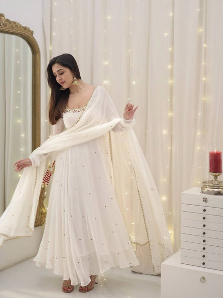 Graceful White Georgette Anarkali Suit with Dupatta – Elegant Festive Wear