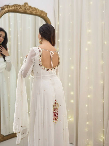 Graceful White Georgette Anarkali Suit with Dupatta – Elegant Festive Wear