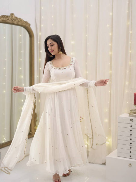 Graceful White Georgette Anarkali Suit with Dupatta – Elegant Festive Wear