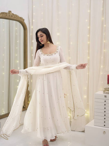 Graceful White Georgette Anarkali Suit with Dupatta – Elegant Festive Wear