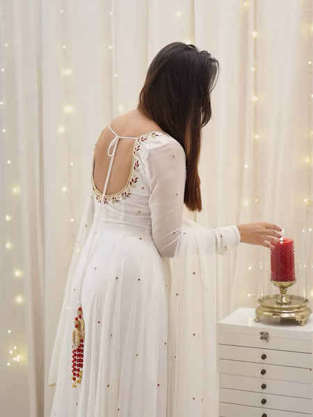 Graceful White Georgette Anarkali Suit with Dupatta – Elegant Festive Wear