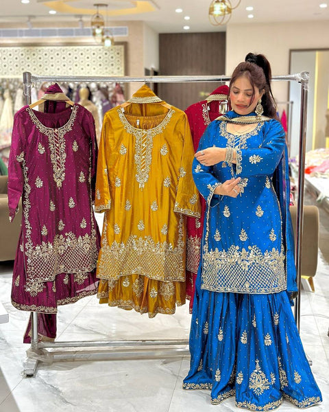 Elegant Embroidered Sharara Suit with Dupatta