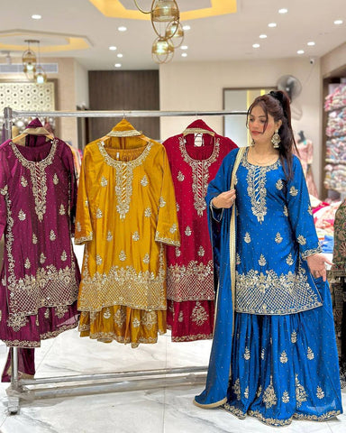 Elegant Embroidered Sharara Suit with Dupatta