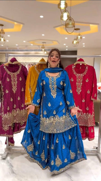 Elegant Embroidered Sharara Suit with Dupatta