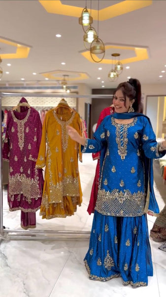 Elegant Embroidered Sharara Suit with Dupatta