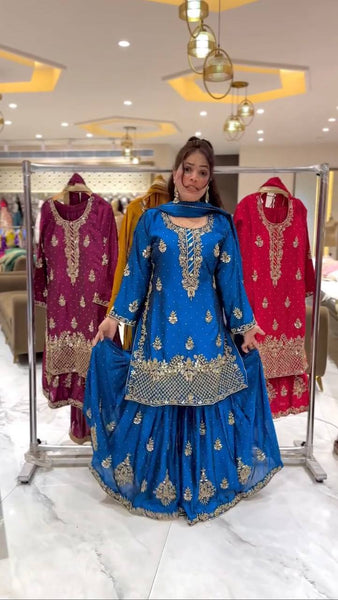 Elegant Embroidered Sharara Suit with Dupatta