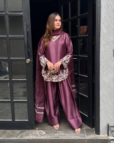 Royal Purple Silk Embroidered Farsi Salwar Suit with Dupatta