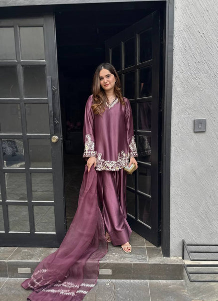 Royal Purple Silk Embroidered Farsi Salwar Suit with Dupatta