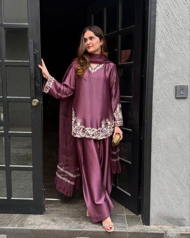 Royal Purple Silk Embroidered Farsi Salwar Suit with Dupatta