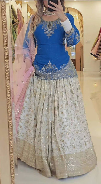 White & Blue Embroidered Lehenga Choli with Dupatta