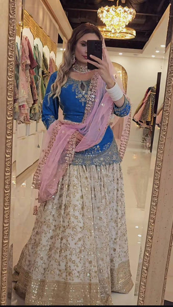 White & Blue Embroidered Lehenga Choli with Dupatta