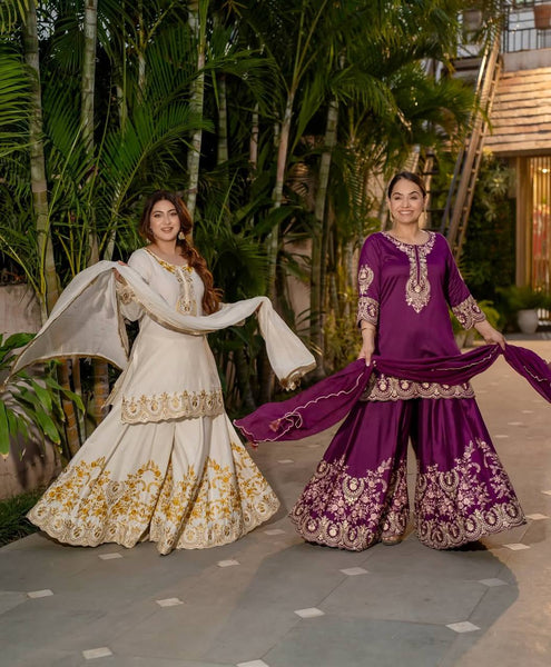 Silk Embroidered Full Sleeves Kurta with Plazo Pair