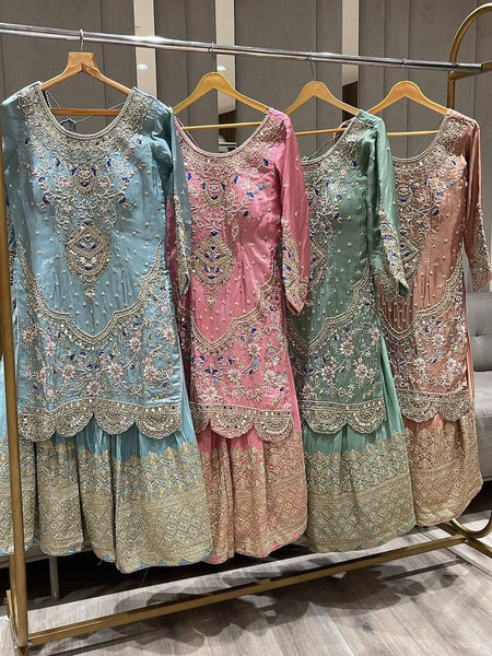 Elegant Sky Blue Embroidered Anarkali Suit with Golden Detailing