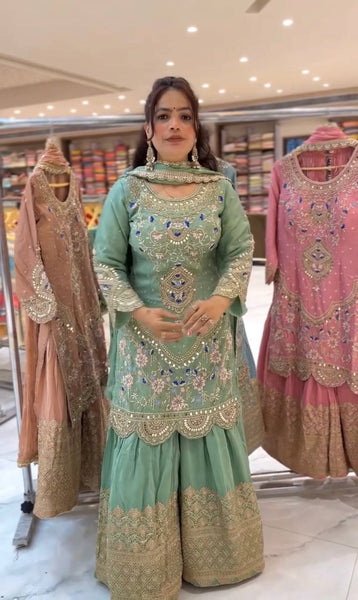 Elegant Sky Blue Embroidered Anarkali Suit with Golden Detailing