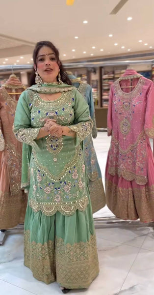 Elegant Sky Blue Embroidered Anarkali Suit with Golden Detailing