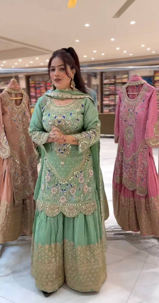 Elegant Sky Blue Embroidered Anarkali Suit with Golden Detailing