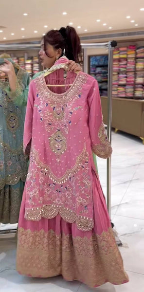 Pista Green Embroidered Sharara Suit