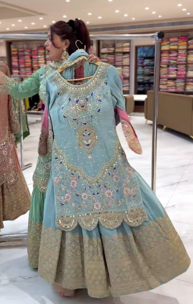 Pista Green Embroidered Sharara Suit