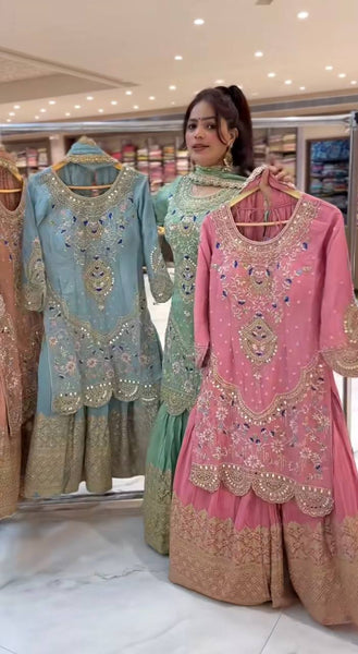 Elegant Sky Blue Embroidered Anarkali Suit with Golden Detailing