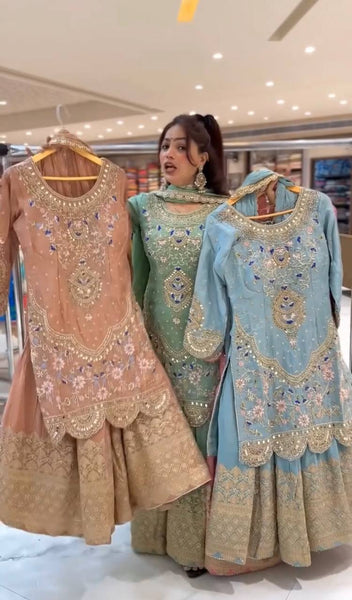 Elegant Sky Blue Embroidered Anarkali Suit with Golden Detailing