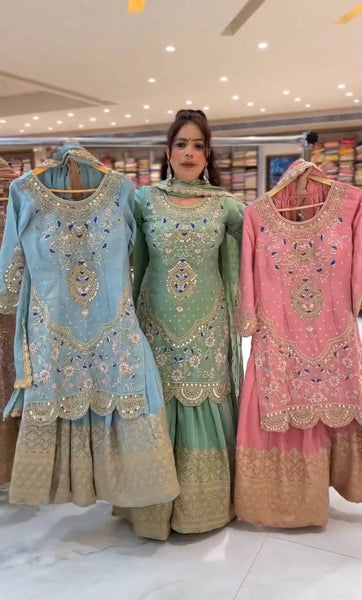 Elegant Sky Blue Embroidered Anarkali Suit with Golden Detailing
