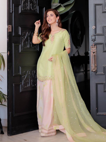 Elegant Pista Green Farsi Salwar Suit with Net Dupatta