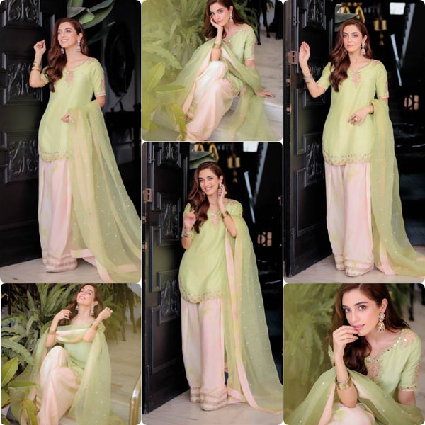 Elegant Pista Green Farsi Salwar Suit with Net Dupatta