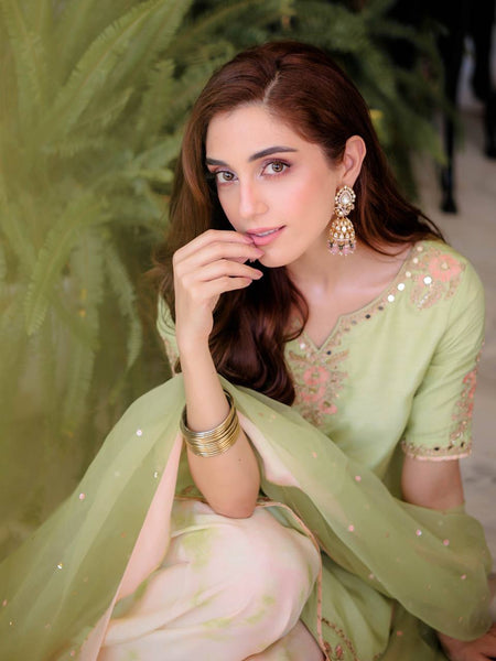 Elegant Pista Green Farsi Salwar Suit with Net Dupatta
