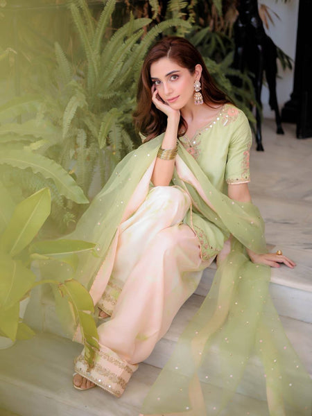 Elegant Pista Green Farsi Salwar Suit with Net Dupatta