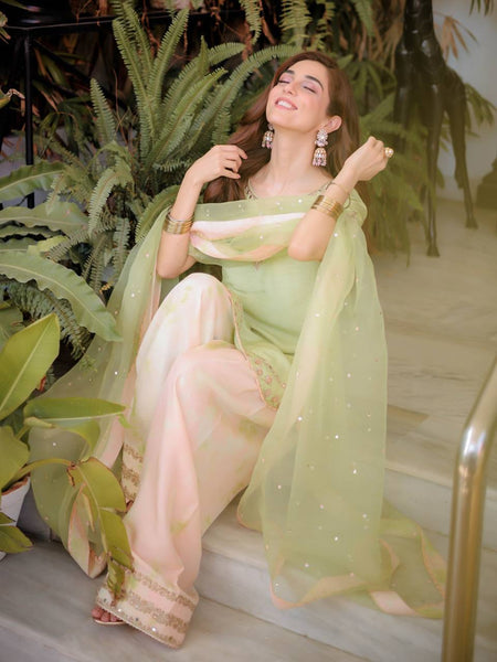 Elegant Pista Green Farsi Salwar Suit with Net Dupatta