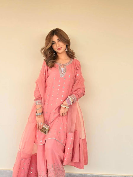 Peach Colored Georgette Farsi Salwar Suit