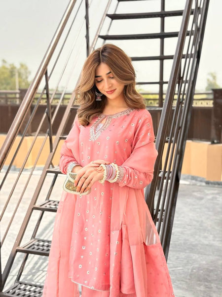 Peach Colored Georgette Farsi Salwar Suit