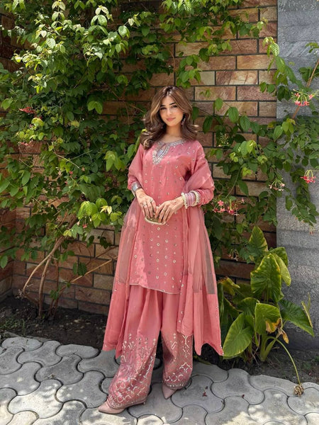 Peach Colored Georgette Farsi Salwar Suit