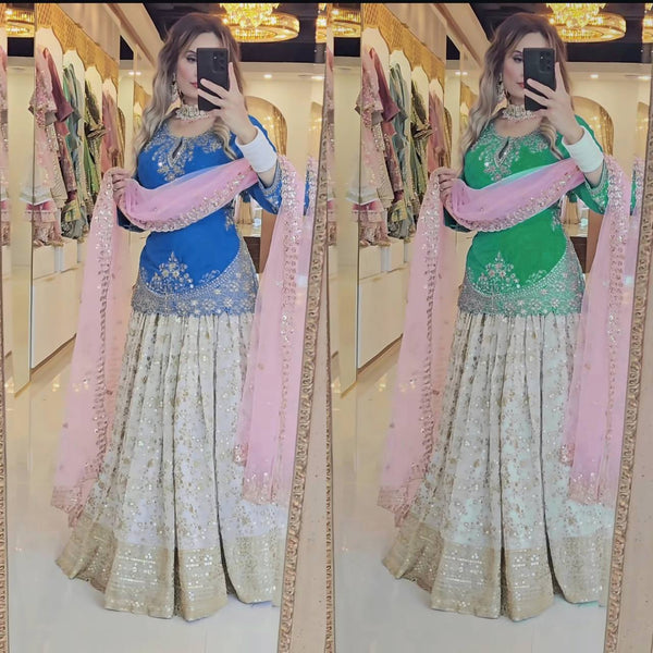 Elegant White Chinon Silk Lehenga Set