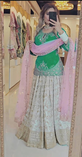 Elegant White Chinon Silk Lehenga Set