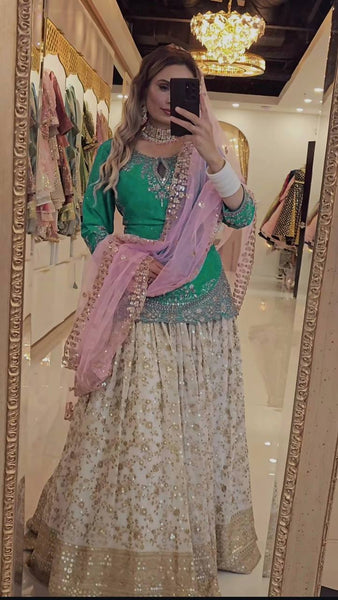 Elegant White Chinon Silk Lehenga Set