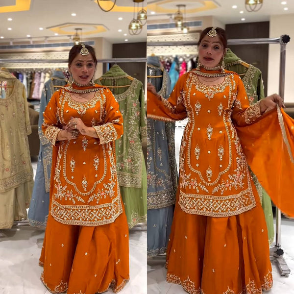 Silk Embroidered Sharara Suit with Dupatta