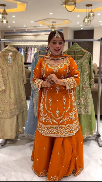 Vibrant Orange Embroidered Georgette Sharara Suit