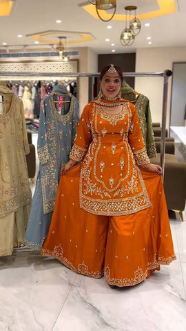 Vibrant Orange Embroidered Georgette Sharara Suit