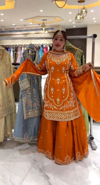 Vibrant Orange Embroidered Georgette Sharara Suit