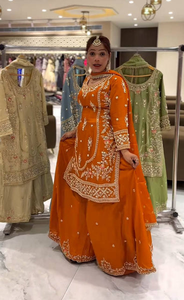 Vibrant Orange Embroidered Georgette Sharara Suit