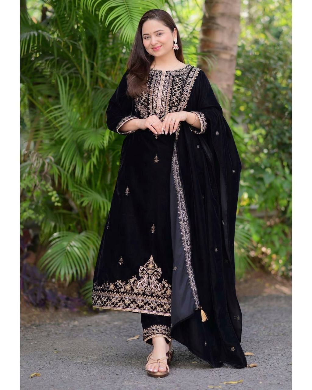 Luxurious Velvet Black Embroidered Salwar Suit for Festive & Wedding Wear