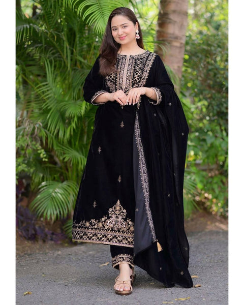 Luxurious Velvet Black Embroidered Salwar Suit for Festive & Wedding Wear
