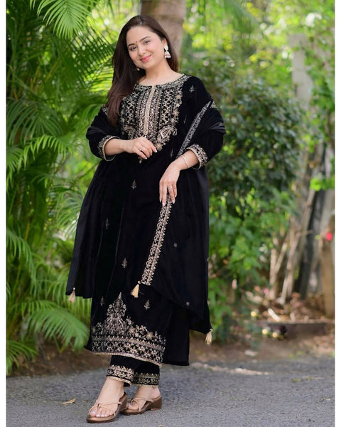 Luxurious Velvet Black Embroidered Salwar Suit for Festive & Wedding Wear