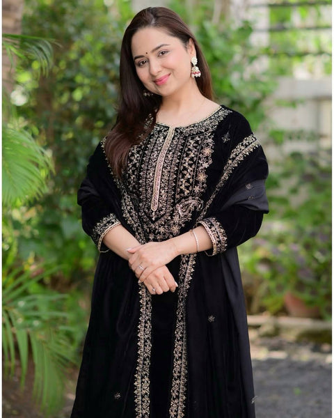 Luxurious Velvet Black Embroidered Salwar Suit for Festive & Wedding Wear