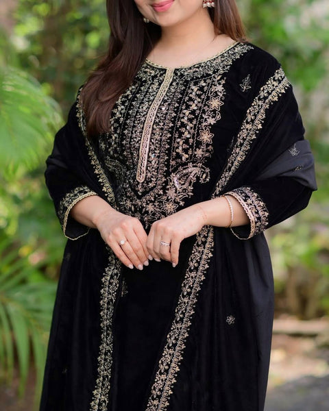 Luxurious Velvet Black Embroidered Salwar Suit for Festive & Wedding Wear